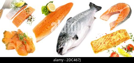 Volllachs, Rohfischfilet, geräucherter Lachs isoliert auf weißem Hintergrund Stockfoto