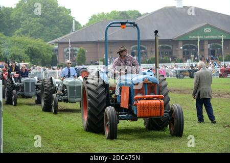 Klassische Traktoren mit Fordson Super Major führend in Staffordshire County Anzeigen Stockfoto