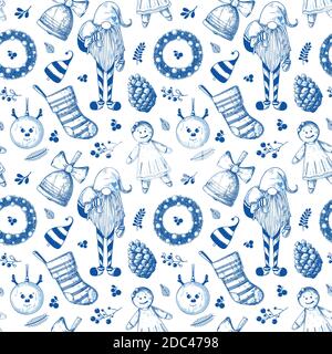 Weihnachtliches Nahtmuster. Spielzeug, Schneemann, Kranz und andere Weihnachtselemente. Skizzenvektor Stock Vektor