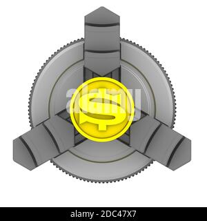 Drehfutter und Werkstück mit dem Symbol des US-Dollars.Goldbillet mit dem Symbol des USA-Dollars im Drehfutter. Isoliert. 3D-Illustration Stockfoto