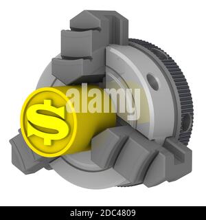 Drehfutter und Werkstück mit dem Symbol des US-Dollars.Goldbillet mit dem Symbol des USA-Dollars im Drehfutter. Isoliert. 3D-Illustration Stockfoto