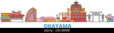 Japan, Okayama Linie Stadtbild, flache Vektor. Travel City Wahrzeichen, oultine Illustration, Linie Welt Symbole Stock Vektor