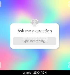 Stellen Sie mir eine Frage Bannervorlage für soziale Medien. Holographischer irisierender Hintergrund mit Schnittstelle für Frage und Ort für Avatar. Platz für Stock Vektor