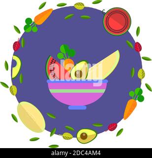 Obst und Gemüse im flachen Stil auf einem dunklen lila Hintergrund Stock Vektor