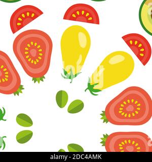 vector Gemüse nahtlose Muster in flachem Stil mit Muster mit roten und gelben Tomaten, Avocado Stock Vektor