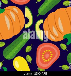 vektor Gemüse nahtlose Muster in flachem Stil mit Muster mit Tomaten, Avocado, Kürbis auf dunklem Hintergrund Stock Vektor