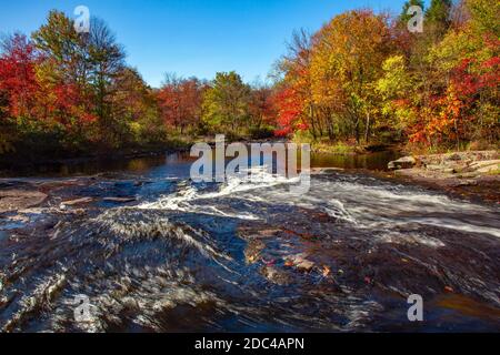 Warnertown Falls ist eine niedrige anmutige Kaskade entlang Tobyhanna Creek In den Pocono Mountains in Pennsylvania Stockfoto