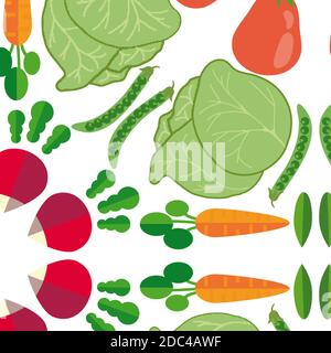 vector Gemüse nahtlose Muster in flachem Stil mit Muster mit roten Tomaten, Karotte. pea. Stock Vektor