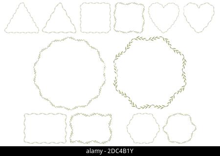 Grüner Olivenblatt Zweig Kranz. Vektorvorlage mit Formrahmen - Quadrat, Kreis, Herz, Dreieck, Sechseck, Rechteck. Einrichtung für Hochzeitseinladung. Stock Vektor