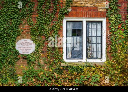 Sir Frederick Gowland Hopkins (1861 bis 1947) Plaque Cambridge - Biochemiker mit Christiaan Eijkman Nobelpreis für die Entdeckung von Vitaminen ausgezeichnet. Stockfoto