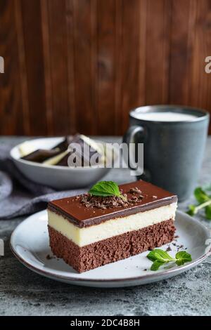 Hausgemachte Kakaobriegel mit weißer Schokolade und Schlagsahne Füllung, gekrönt mit dunkler Schokoladenglasur Stockfoto