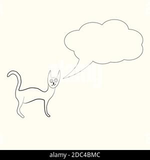 Ungerade lustige primitive Stil Katze mit Text-Blase. Freihand-Zeichnung, Linienkunst, schwarz-weiß Doodle Stil Symbol. Stock Vektor