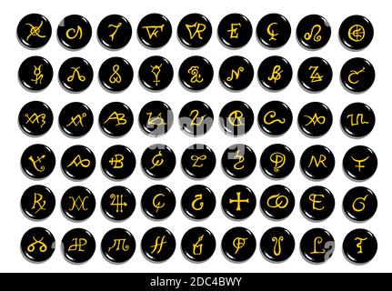 Eine Reihe von goldenen alchemistischen Symbolen auf Stein auf weiß isoliert geschnitzt. Handgezeichnete Elemente für Design. Mystisches, esoterisches, okkultes Thema. Stock Vektor