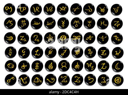 Eine Reihe von goldenen alchemistischen Symbolen auf Stein auf weiß isoliert geschnitzt. Handgezeichnete Elemente für Design. Mystisches, esoterisches, okkultes Thema. Stock Vektor