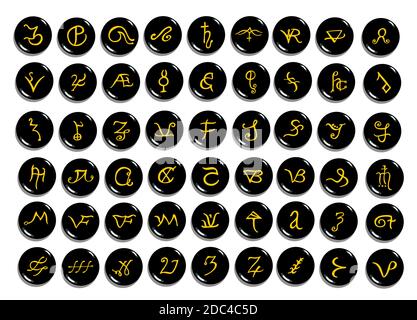 Eine Reihe von goldenen alchemistischen Symbolen auf Stein auf weiß isoliert geschnitzt. Handgezeichnete Elemente für Design. Mystisches, esoterisches, okkultes Thema. Stock Vektor