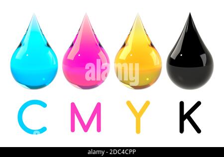 CMYK-Farbschema eingestellt. Cyan, Magenta, Gelb, Schwarz Tropfen isoliert auf Weiß gesetzt. Grafikdesign-Element für Poster, Flyer, Druckanleitung, Druckertinte p Stockfoto