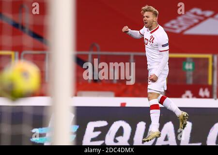 CHORZOW, POLEN - 18. NOVEMBER: Feiern Sie Kamil Jozwiak aus Polen während des UEFA Nations League-Spiels zwischen Polen und den Niederlanden im Schlesischen Stadion am 18. november 2020 in Chorzow, Niederlande (Foto: Marcel ter Bals/Orange Pictures) Stockfoto