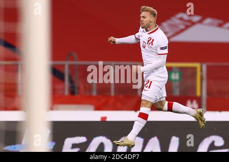 CHORZOW, POLEN - 18. NOVEMBER: Feiern Sie Kamil Jozwiak aus Polen während des UEFA Nations League-Spiels zwischen Polen und den Niederlanden im Schlesischen Stadion am 18. november 2020 in Chorzow, Niederlande (Foto: Marcel ter Bals/Orange Pictures) Stockfoto