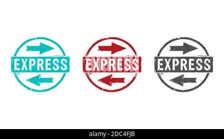 Express-Stempelsymbole in wenigen Farbversionen. Schnelle Lieferung, schneller Versand, Service und schnelle Pakettransport Konzept 3D-Rendering Illustration. Stockfoto