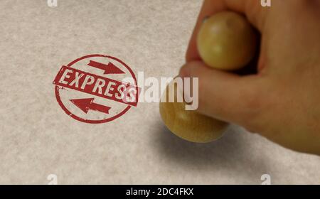 Express Stempel und Stempelhand. Schnelle Lieferung, schneller Versand, Service und schnelle Pakettransport Konzept. Stockfoto