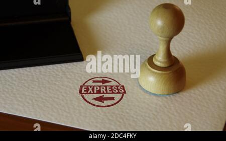 Express Stempel und Stempelhand. Schnelle Lieferung, schneller Versand, Service und schnelle Pakettransport Konzept. Stockfoto