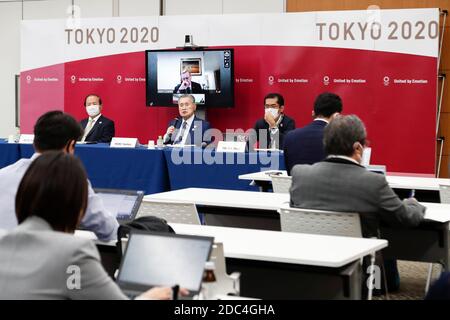 Tokio, Japan. September 2020. Yoshiro Mori (C) Präsident von Tokio 2020 spricht während einer gemeinsamen Pressekonferenz zwischen dem Internationalen Olympischen Komitee (IOC) und dem Organisationskomitee der Olympischen und Paralympischen Spiele in Tokio (Tokio 2020) im Harumi Island Triton Square Tower Y. Quelle: Rodrigo Reyes Marin/ZUMA Wire/Alamy Live News Stockfoto