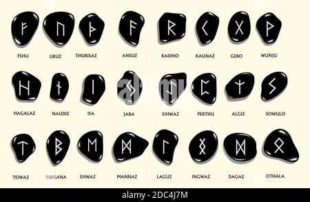 Set von altnordischen skandinavischen Runen in Stein gemeißelt. Runenalphabet, futhark. Alte okkulte Symbole, germanische Buchstaben auf Weiß. Vektorgrafik. Stock Vektor