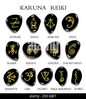 Eine Reihe von reiki-Symbole auf Stein auf weiß isoliert geschnitzt. Handgezeichnete Elemente für Design. Mystisches, esoterisches, okkultes Thema. Stock Vektor