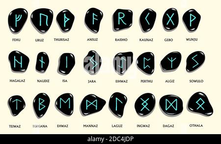 Set von altnordischen skandinavischen Runen in Stein gemeißelt. Runenalphabet, futhark. Alte okkulte Symbole, germanische Buchstaben auf Weiß. Vektorgrafik. Stock Vektor
