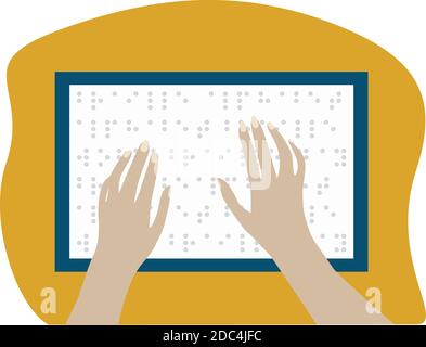 Blinde Frau las ein in Braille geschriebenes Buch. Hände, die die Seiten verfolgen. Isolierte Vektordarstellung. Welt-Braille-Tag Stock Vektor