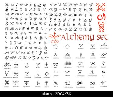 Großer Satz alchemistischer Symbole, isoliert auf Weiß. Handgezeichnete Elemente für Design. Mystisches, esoterisches, okkultes Thema. Vektorgrafik. Stock Vektor