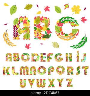Set von floralen Elementen Alphabet Buchstaben, mit Blättern und Beeren gemacht. Künstlerische Vektorschrift isoliert auf Weiß. Stock Vektor