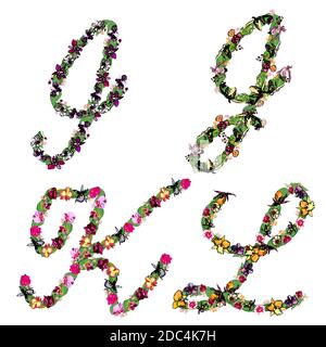 Set von floralen Elementen Alphabet Buchstaben I, J, K, L, mit Blättern und Orchideen Blumen gemacht. Künstlerische Vektorschrift isoliert auf Weiß. Stock Vektor