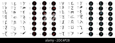 Satz von Hand gezeichnet enochian magische Alphabet, künstliche Sprache Symbole, okkulte Symbole, geschnitzt auf Stein isoliert auf weiß.Angelic Sprache. Vektor Stock Vektor