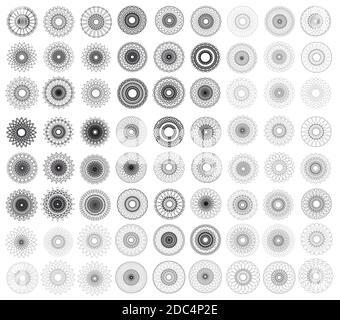 Großer Satz von Vektor-abstrakten Guilloche-Elementen auf weißem Hintergrund. Verwendung für Banknote, Zertifikat, Währung, Gutschein oder Geld Design. Stock Vektor