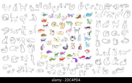 Große Reihe von seltsamen lustigen primitiven Stil Katzen. Freihand-Zeichnung, Linienkunst, Doodle Stil Symbol. Nette Katzen, die verschiedene Emotionen ausdrücken. Stock Vektor