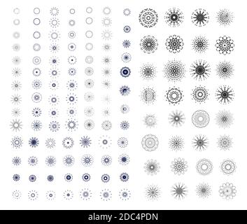 Großer Satz von runden geometrischen Ornamenten. Isoliert auf weiß. mandala, heilige Symbole. Stock Vektor