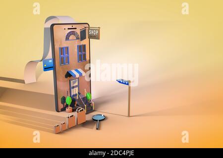 Online-Shopping über Mobile App oder Website Store. Konzept-Marketing und digitales Marketing. 3D-Rendering Stockfoto