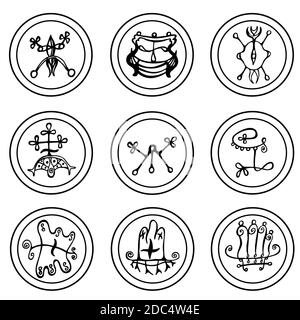 Set von Hand gezeichnet stilisierte magische Siegel, okkulte Symbole, auf weiß. Vektorgrafik. Stock Vektor