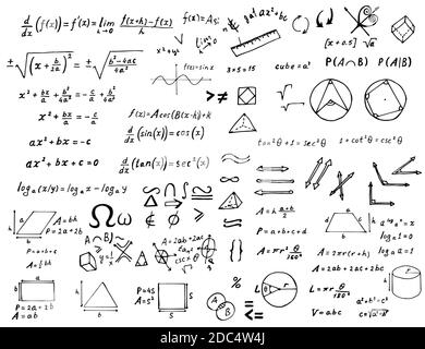 Satz von handgezeichneten mathematischen Formeln und Zeichen isoliert auf weißem Hintergrund. Vektorbildung und wissenschaftliche Illustration. Stock Vektor