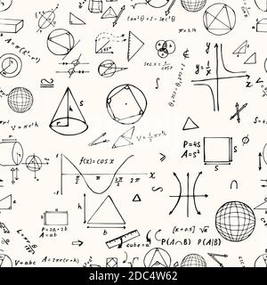 Nahtloses Muster, handgezeichnete mathematische Formeln und Zeichen isoliert auf weißem Hintergrund. Vektorbildung und wissenschaftliche Illustration. Stock Vektor