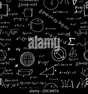 Nahtloses Muster, handgezeichnete mathematische Formeln und Zeichen isoliert auf schwarzem Hintergrund. Vektorbildung und wissenschaftliche Illustration. Stock Vektor