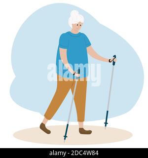 Ältere Frau beim nordic Walking. Alte Dame macht Übungen. Outdoor-Aktivitäten und gesunde Lebensweise für elderige Menschen. Vektor flache Cartoon-Illustration. Stock Vektor