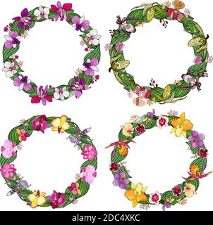 Set von Kreisrahmen aus Orchideen und floralen Elementen. Handgezeichnete Elemente für Design. Isoliert auf Weiß. Stock Vektor