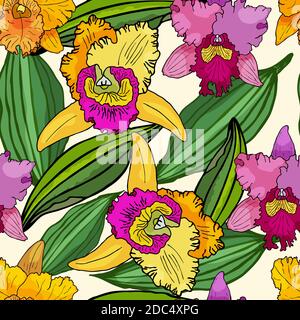 Nahtloses Muster mit handgezeichneten Orchideen und floralen Elementen. Farbige Vektordarstellung. Stock Vektor