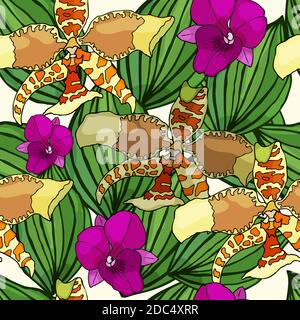 Nahtloses Muster mit handgezeichneten Orchideen und floralen Elementen. Farbige Vektordarstellung. Stock Vektor