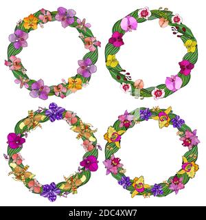 Set von Kreisrahmen aus Orchideen und floralen Elementen. Handgezeichnete Elemente für Design. Isoliert auf Weiß. Stock Vektor