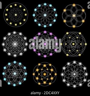 Set von abstrakten geometrischen Elementen und Formen auf schwarzem Hintergrund. Heilige Geometrie, esoterische Symbole. Verwendung für Banknote, Währung, Logos Gutschein oder Mo Stock Vektor
