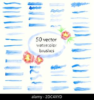 Set mit 50 Aquarell-Vektorpinseln. Von Hand gezeichnete Striche. Struktur- und Designelemente. Stock Vektor