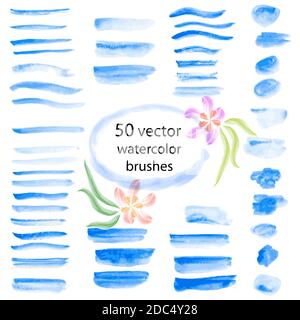 Set mit 50 Aquarell-Vektorpinseln. Von Hand gezeichnete Striche. Struktur- und Designelemente. Stock Vektor